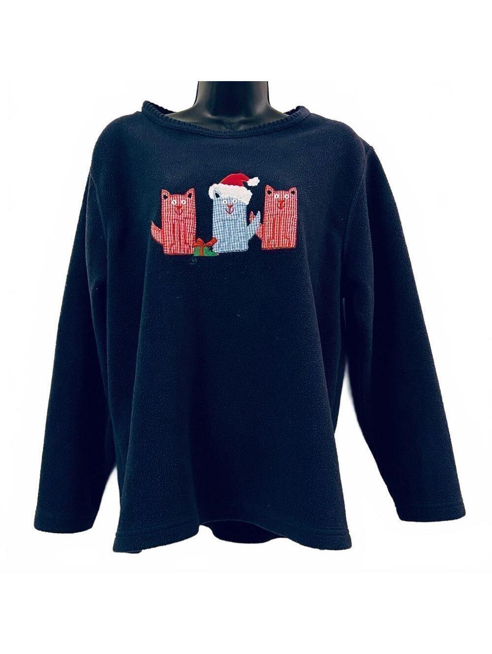 Vintage Cats Gingham Santa Hat Applique Navy Blue Fleece 80s Kitty Sweatshirt L